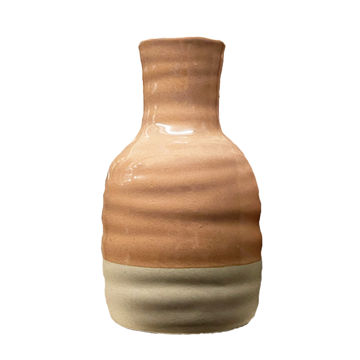 79783 Keramik Blumenvase 2-farbig mit Rillen, Keramikvase apricot-beige, 11x20cm