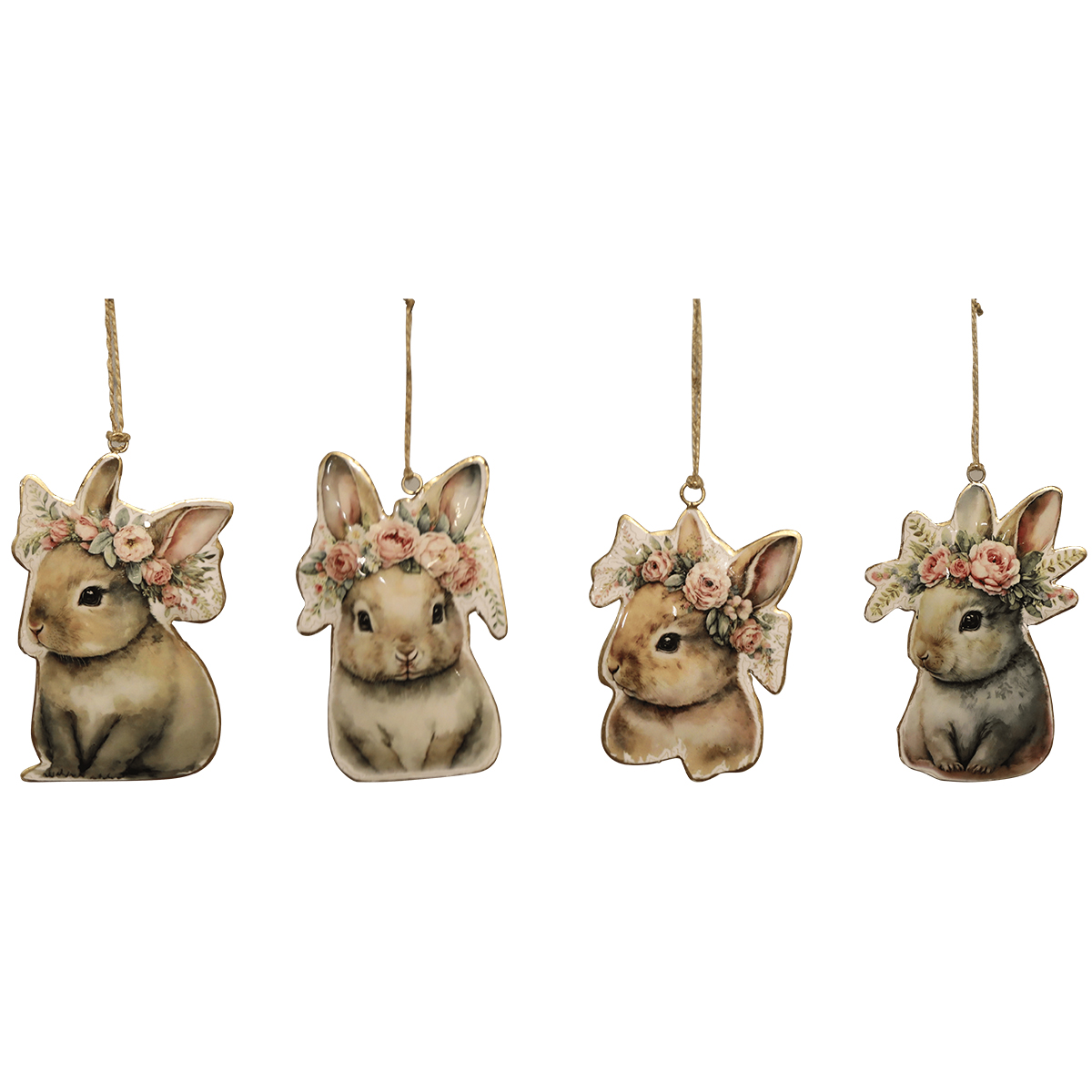 Deko Hänger Hasen mit Blumenkranz, Metallhänger putzige Osterhasen, 10cm