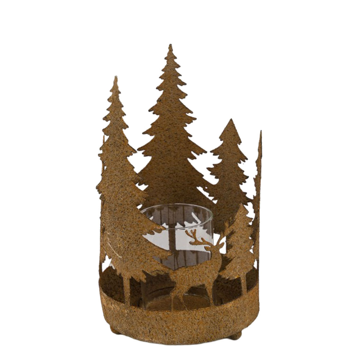 Windlicht Rostschale Hirsche und Tannenbäume, 27cm