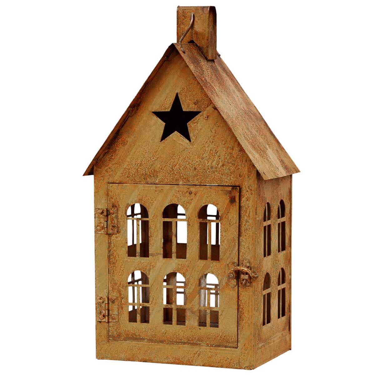 Windlicht Haus, Rost-Windlicht mit Stern, 35cm