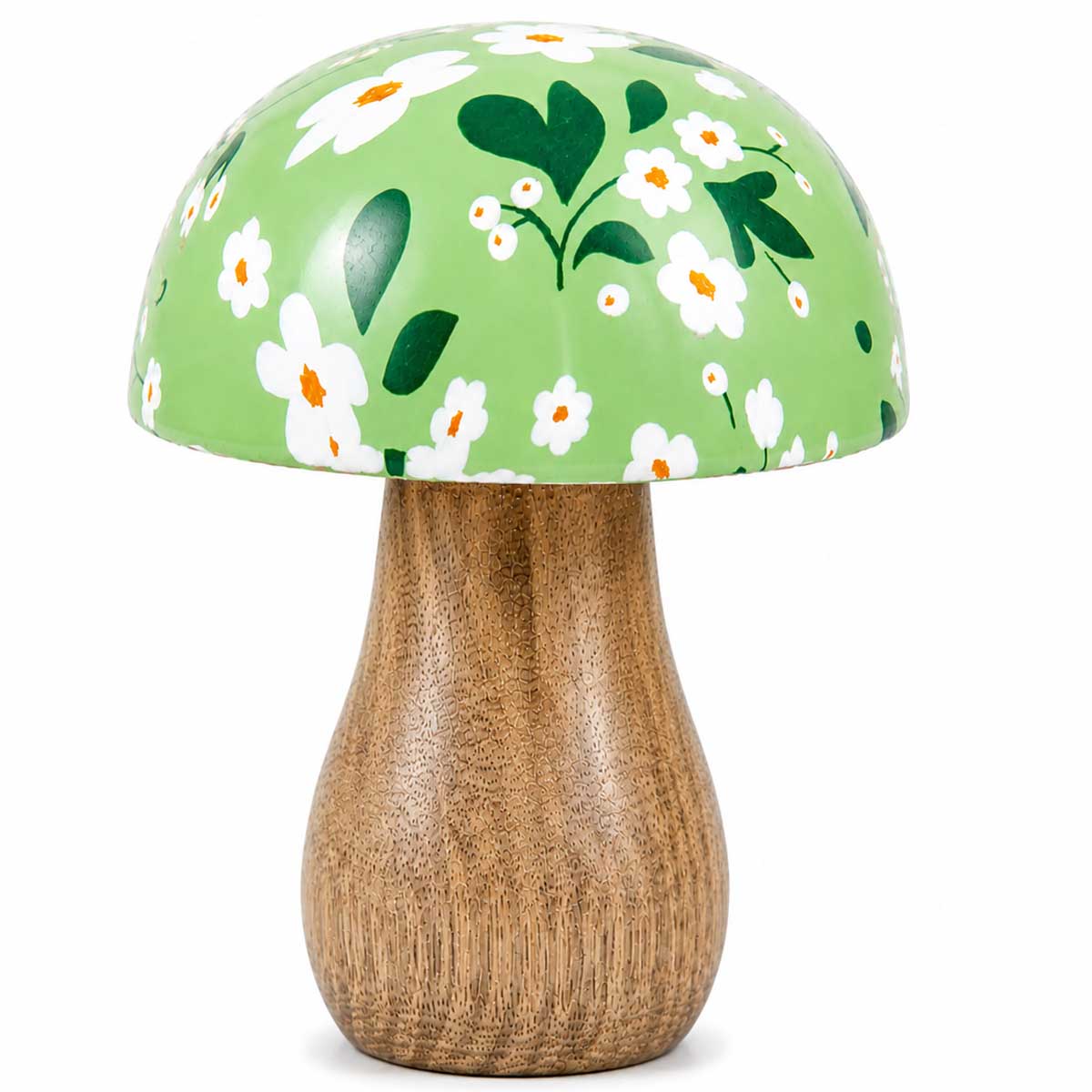 Deko Pilz mit grüner Kappe und Blumenmuster, Holzpilz Naturholz