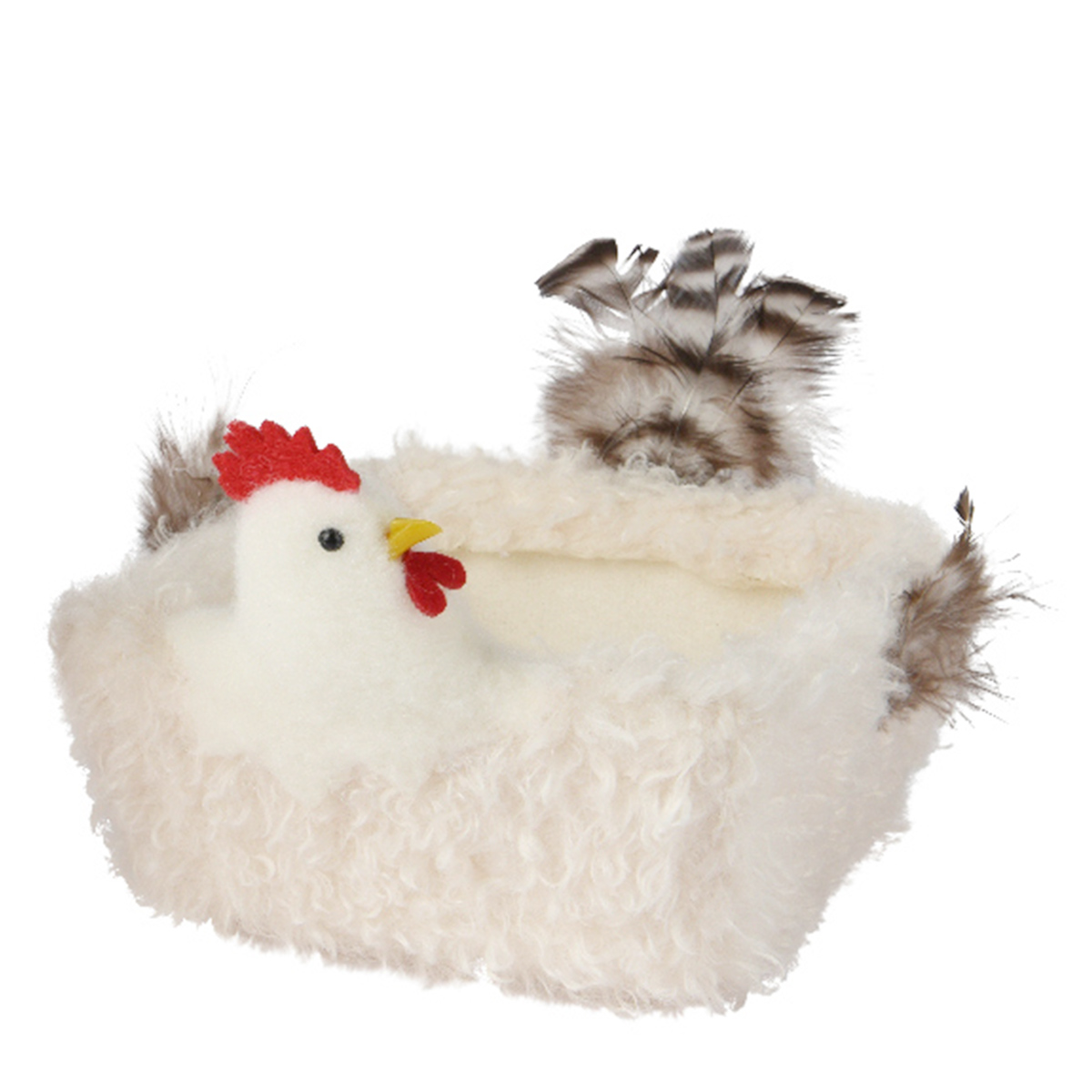 Deko Osterkorb Huhn, Plüschkorb mit Federn quadratisch, Osternest aus Plüsch