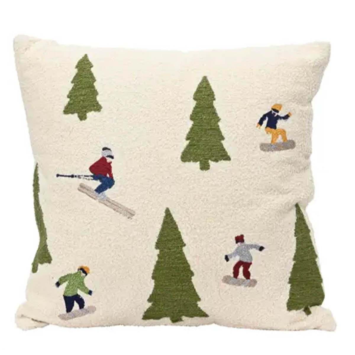 Deko Baumwollkissen Wintersport, Winterkissen mit Tannenbäume und Skifahrer und Snowboarder, 45x45cm