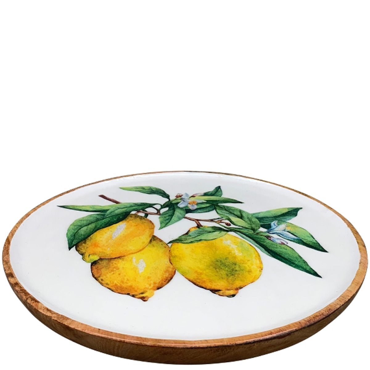 Tablett mit Zitronenmotiv, runder Teller Emaille-Holz, Ø25cm