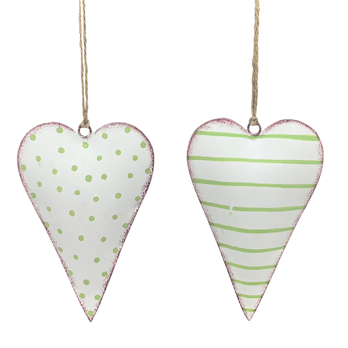Deko Herz gepunktet oder gestreift, Metallherz weiß-grün, 13cm, Hänger