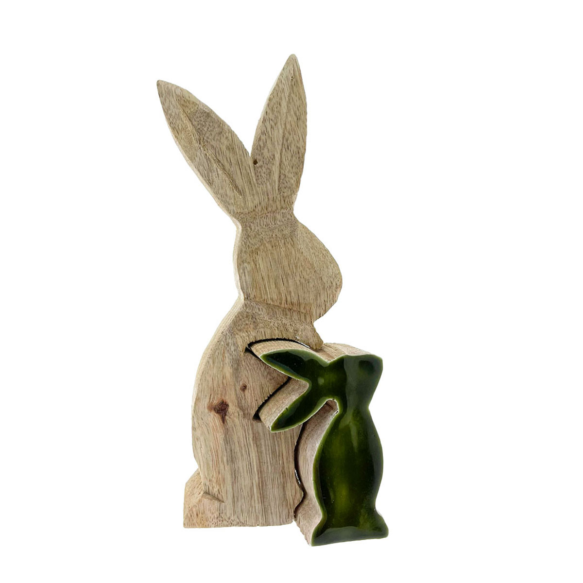 67533_01JPYJPCVKBB560EEV1KR9W366FNzanKmHhiqjr Deko Hase im Hasen, Osterhase Natur und Babyhase mit Lacküberzug grün glänzend, 17cm, Hänger