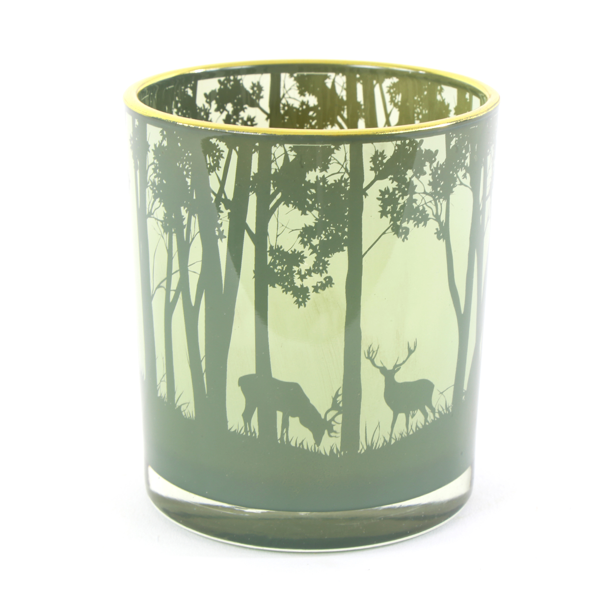 Windlichtglas Wald, Hirsche im Wald, grün, 10x12cm, Glas