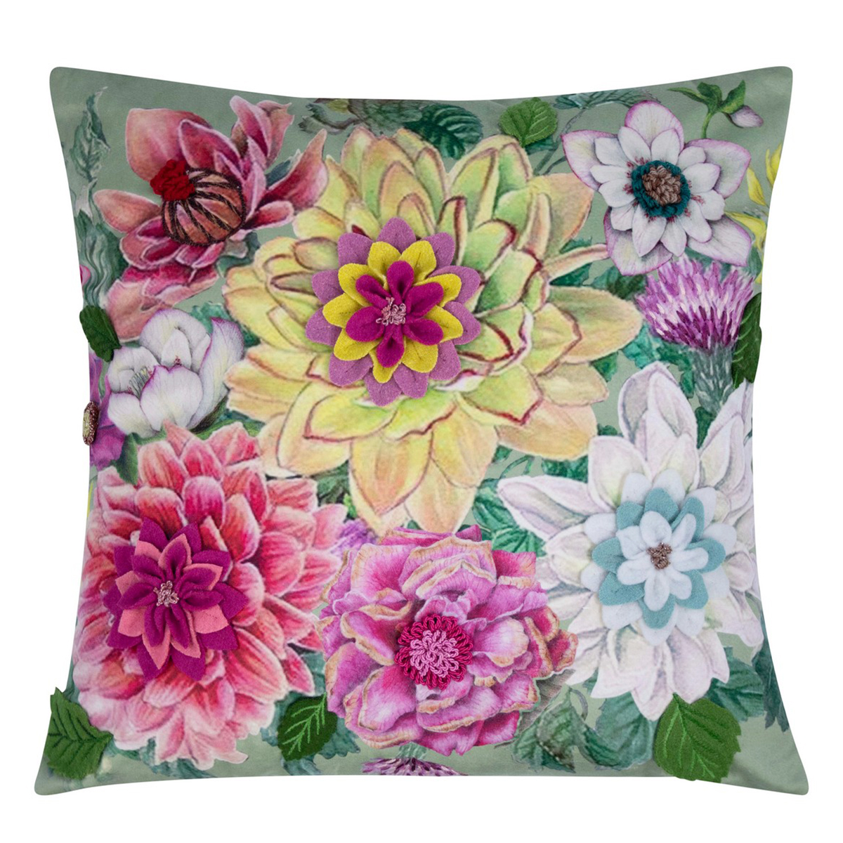 Deko Kissen Blumen Livorno, Wildblumen grün mit Filzapplikation, 45x45cm, Mars & More  