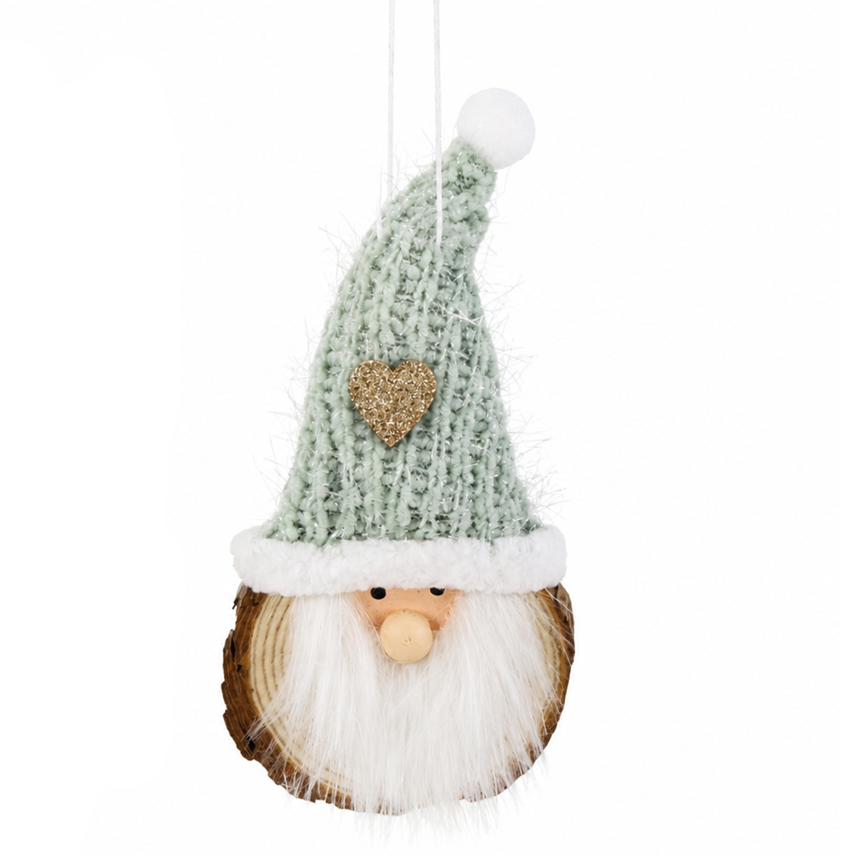 Deko Wichtel auf Holzscheibe, Winterwichtel mit Strickmütze und Herz, Hänger