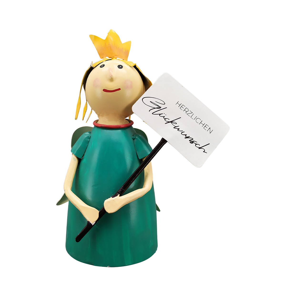 Zaunhocker Engel Schutzengel, Metallengel mit Krone und Schild: Herzlichen Glückwunsch, 24cm