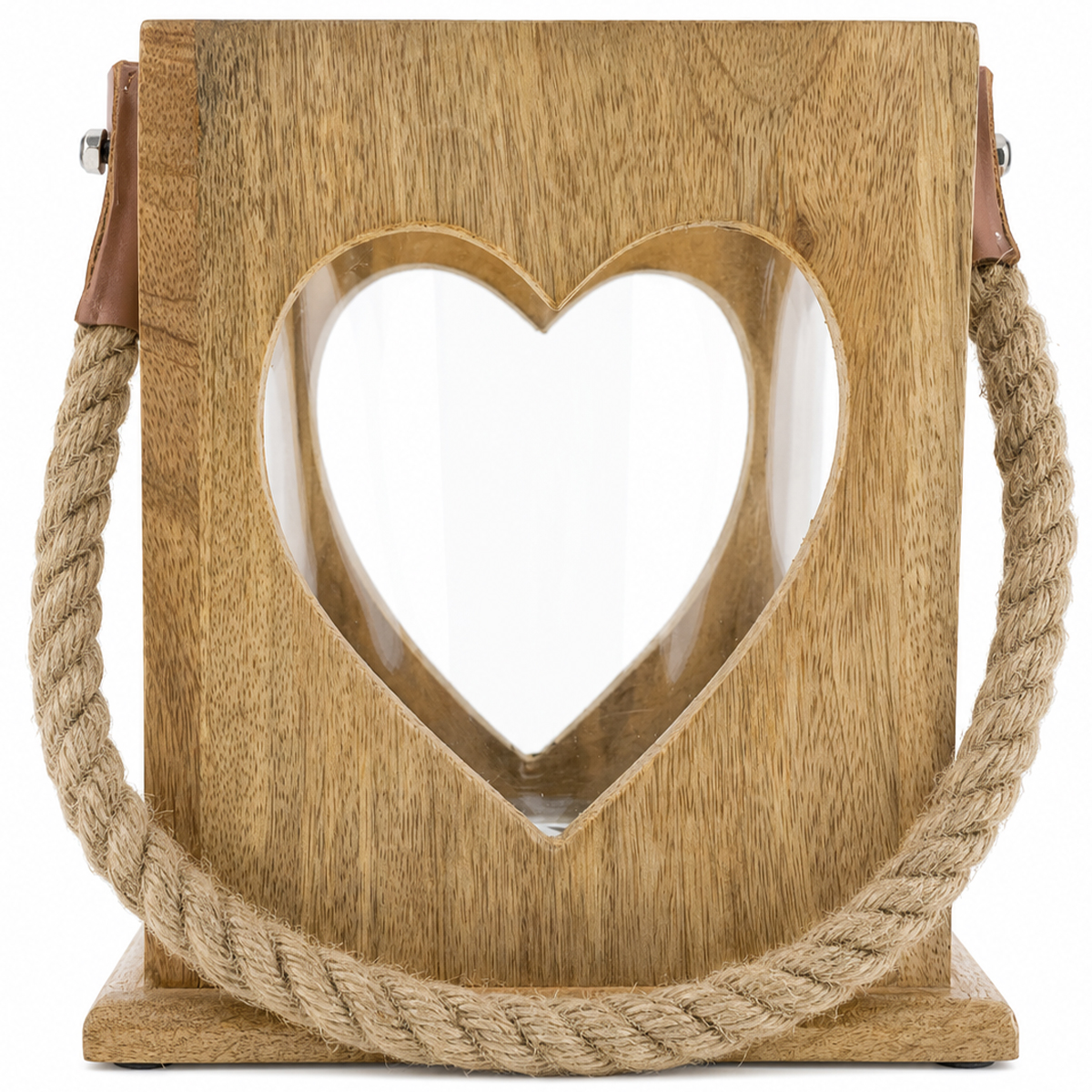 Windlicht Herz Natur, schlichte Holzlaterne mit Jutegriff, 17cm