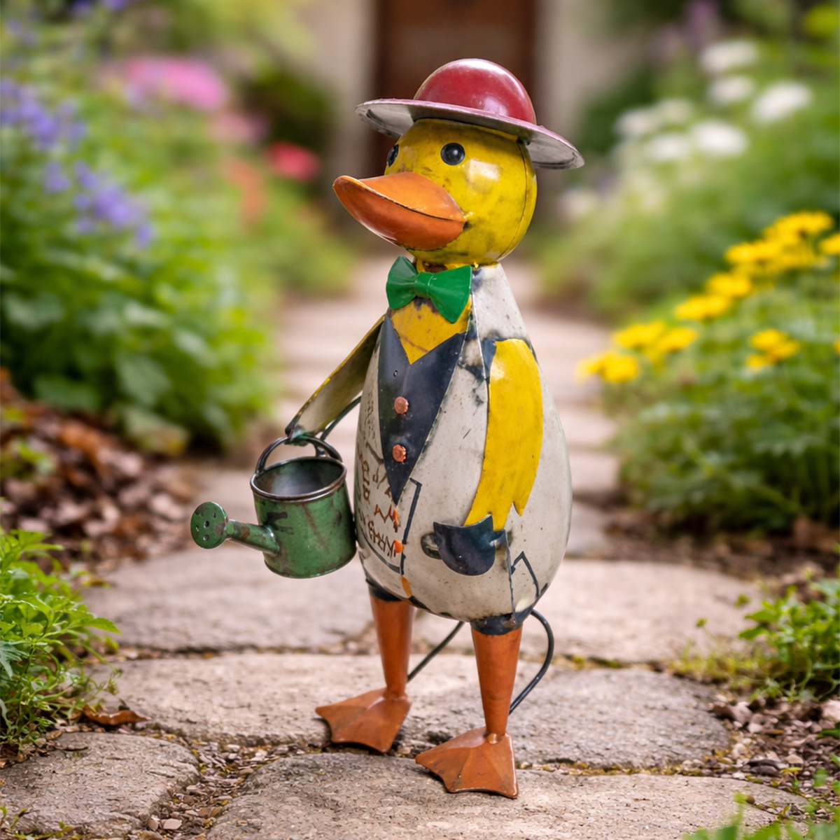 Ente mit Gießkanne, lustige Metallente im Shabby Look, 35cm 