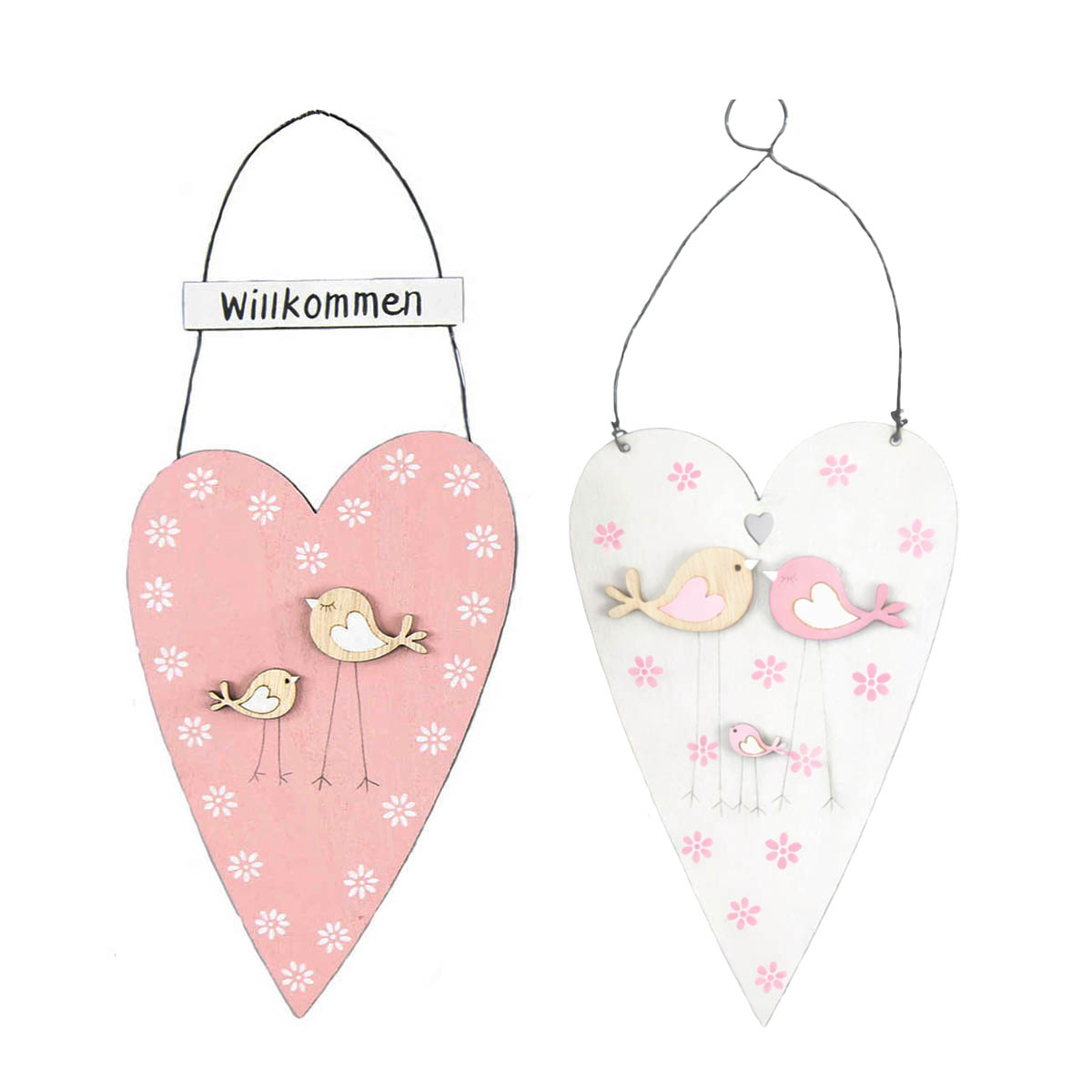 Deko Herz Willkommen, Holzherz rosa oder weiß mit Vögel und Blumen, 27x11cm, Hänger