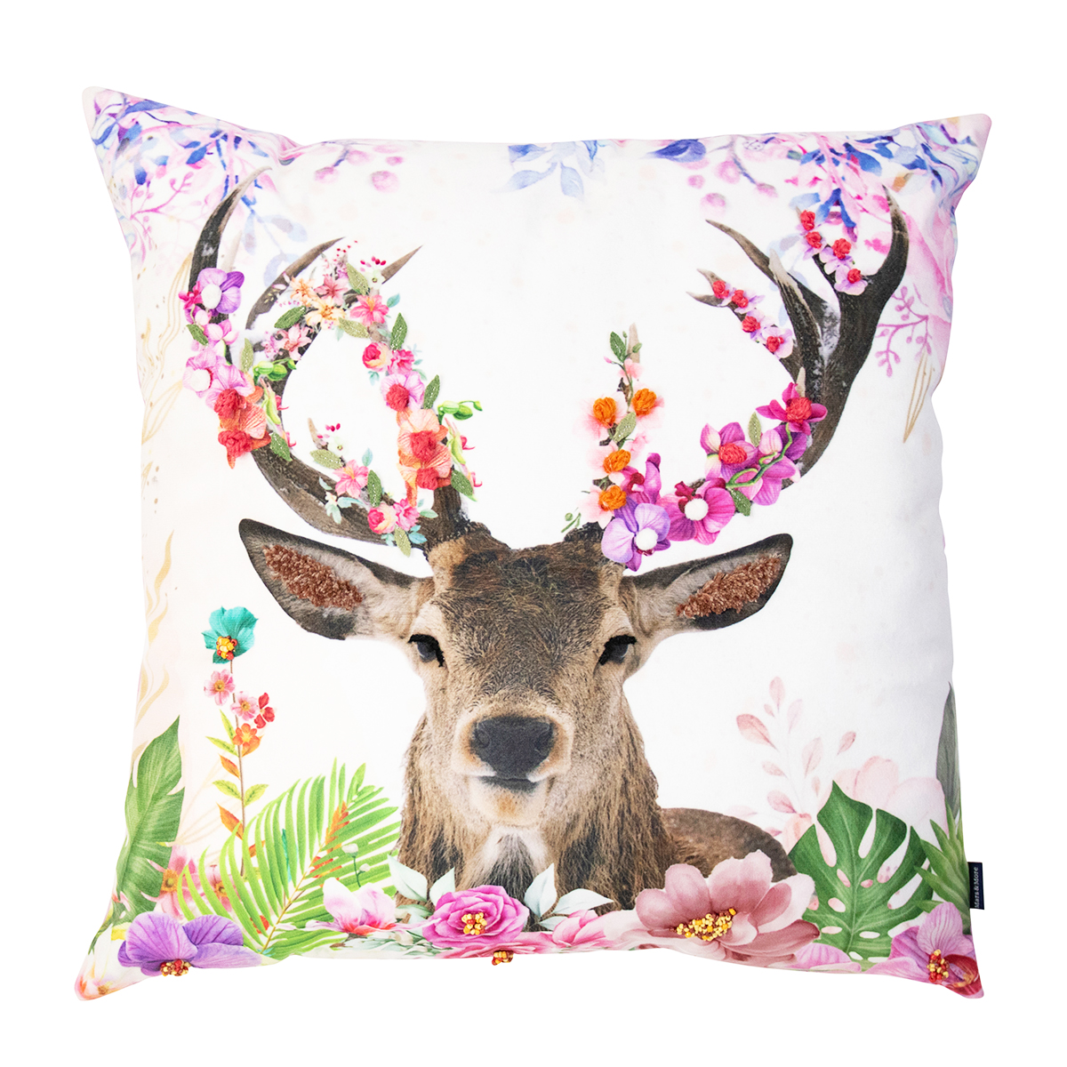 Deko Kissen Hirsch Fleury, Hirsch mit Blumengeweih rosa-pink, 45x45cm, Mars & More