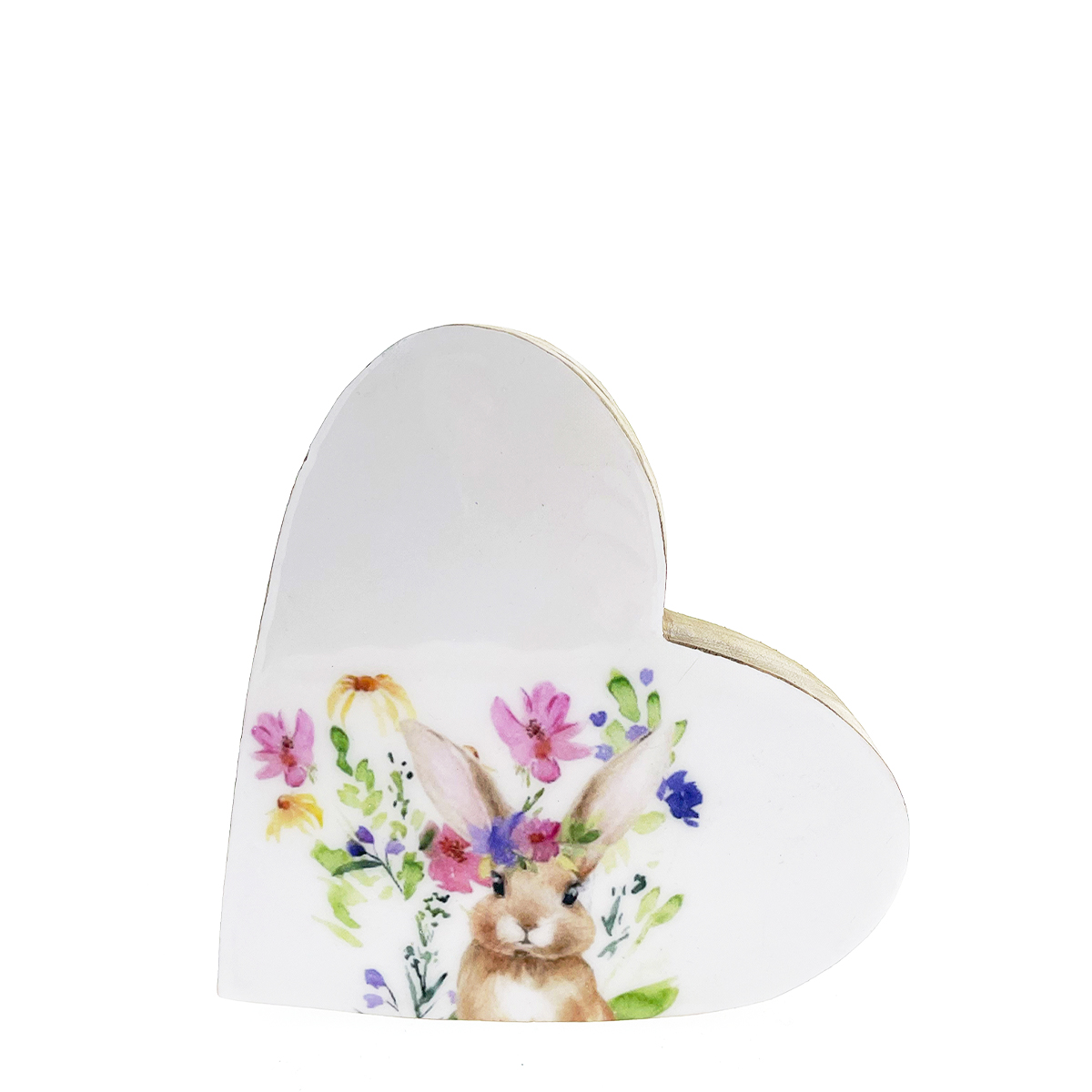 Deko Osterherz mit putzigem Häschen und Blumen, Holzherz mit Osterhase, 14cm, Aufsteller