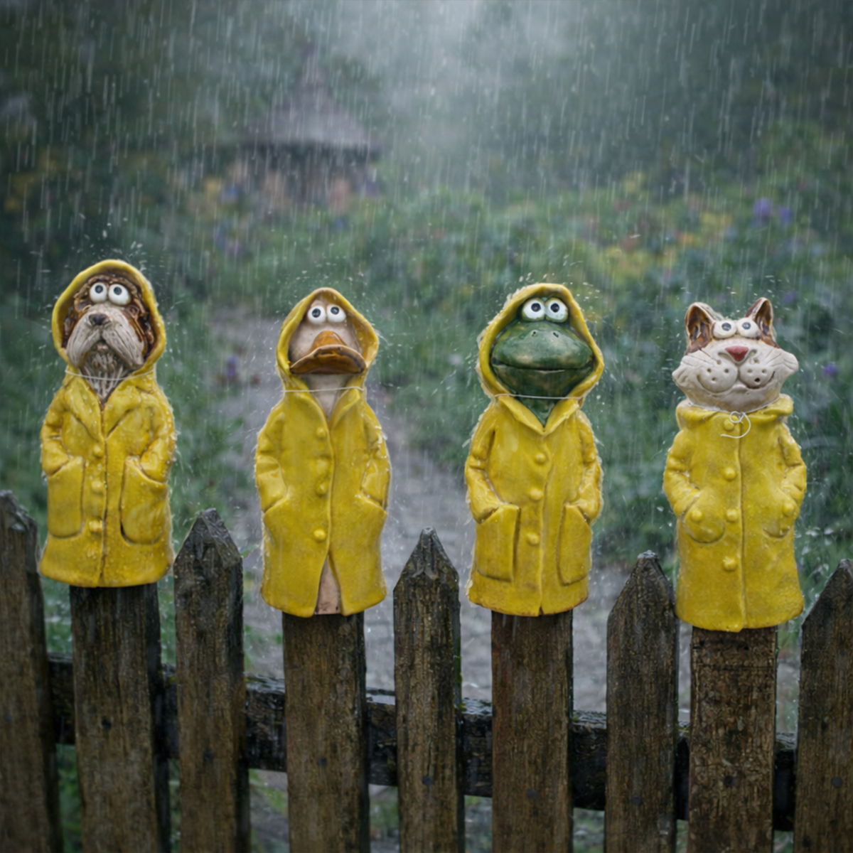 Zaunhocker Hund, Gans, Frosch oder Katze im Regenmantel, 20cm, Keramik