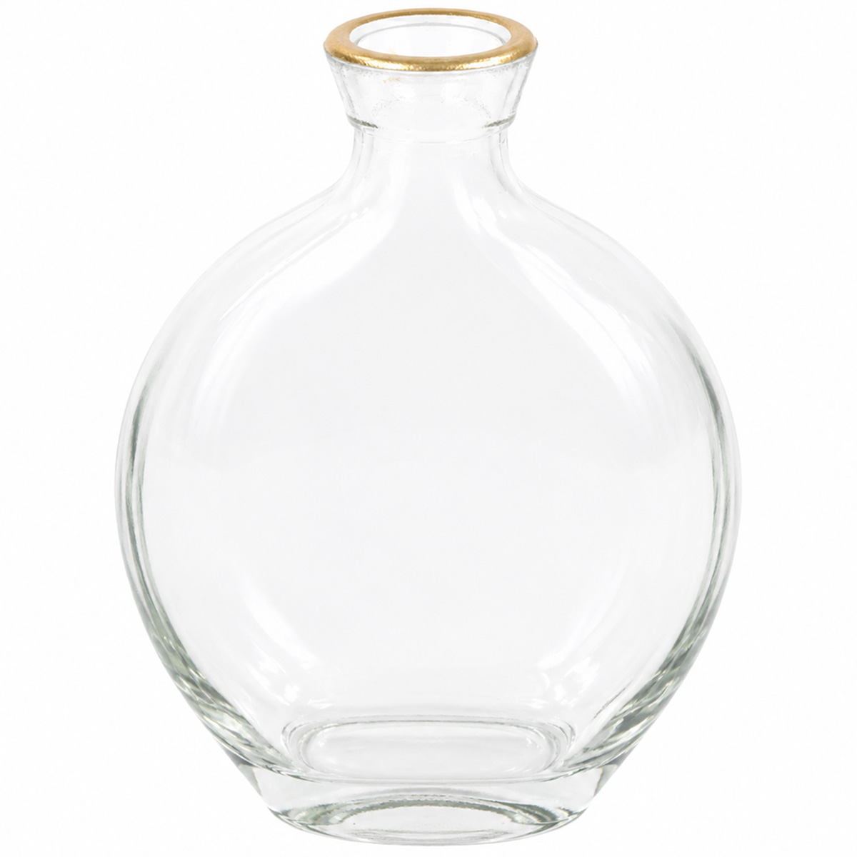 Blumenvase aus Glas, kleine flach-bauchige Glasvase mit dünnem Goldrand, cm