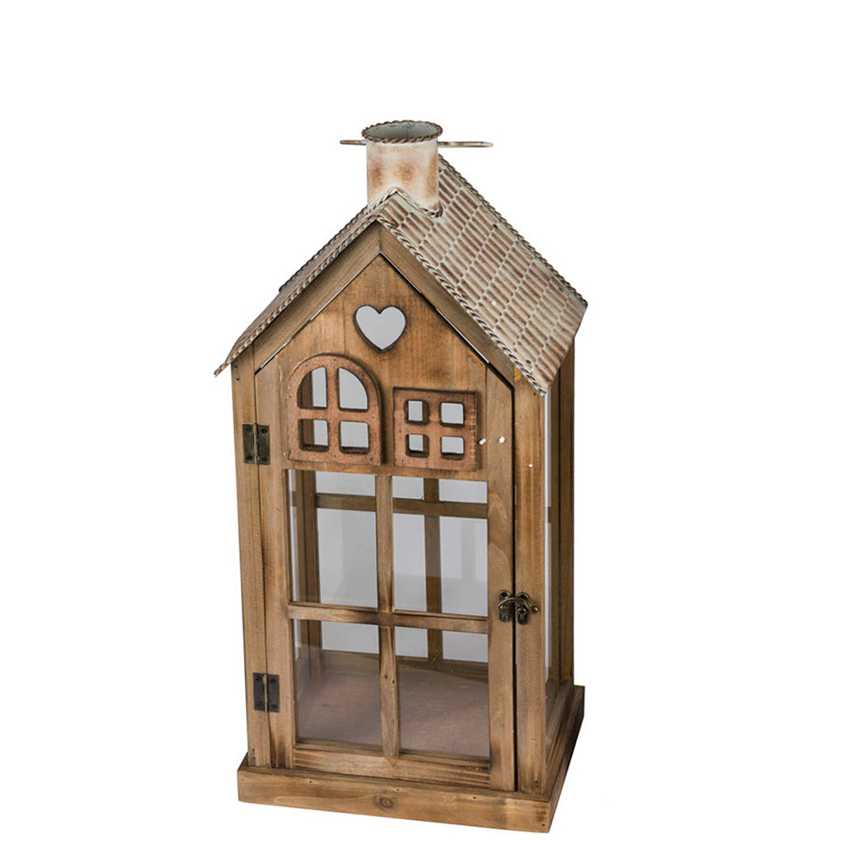 Windlicht Haus Naturholz, Holzhaus mit Herz und Metalldach, 56cm