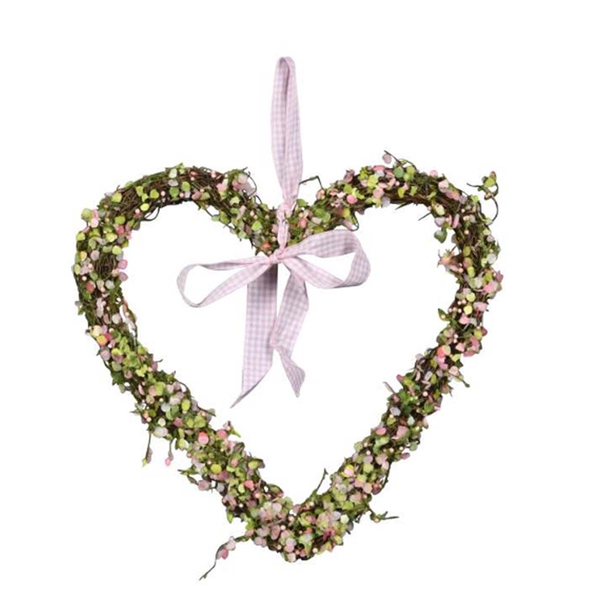 Deko Herz zum Hängen, grünes Blätterherz mit Schleife rosa, 27x25cm
