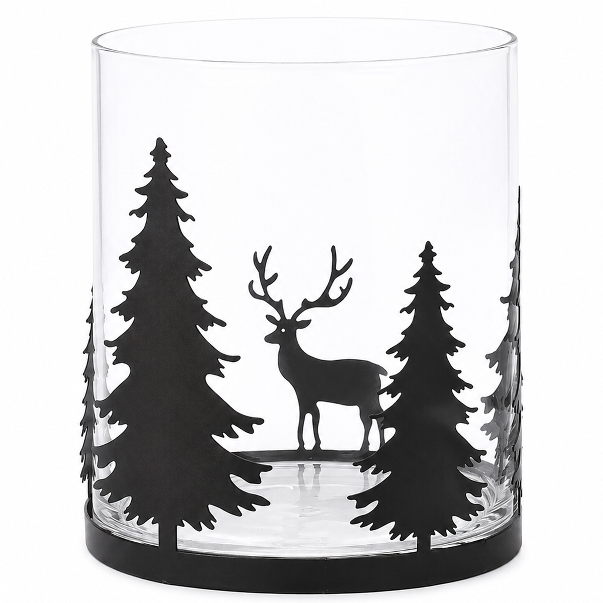 Windlicht Waldszene mit Hirsch aus Metall und Glas, alpines Windlicht im Landhausstil