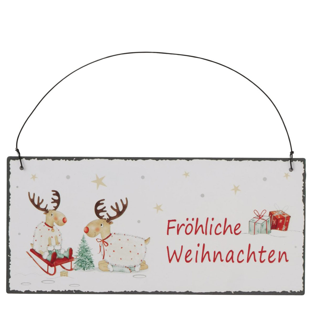 Schild Hirsch Fia Frohes Fest, Lustige Hirsche mit Schlitten, Boltze Home Collections
