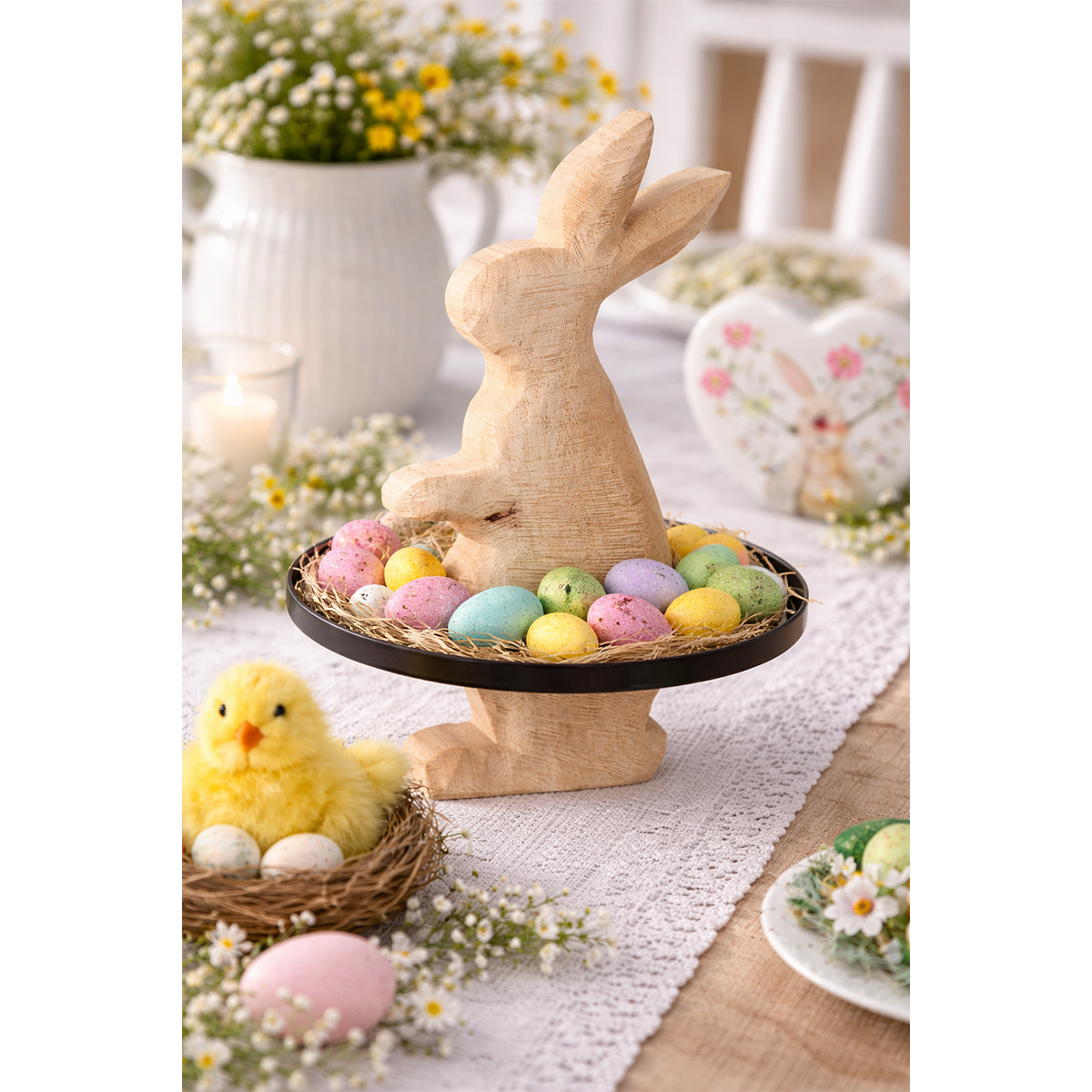 Deko Etagere Hase Anatol natur, Hase Naturholz im Metallteller, WMG Grünberger