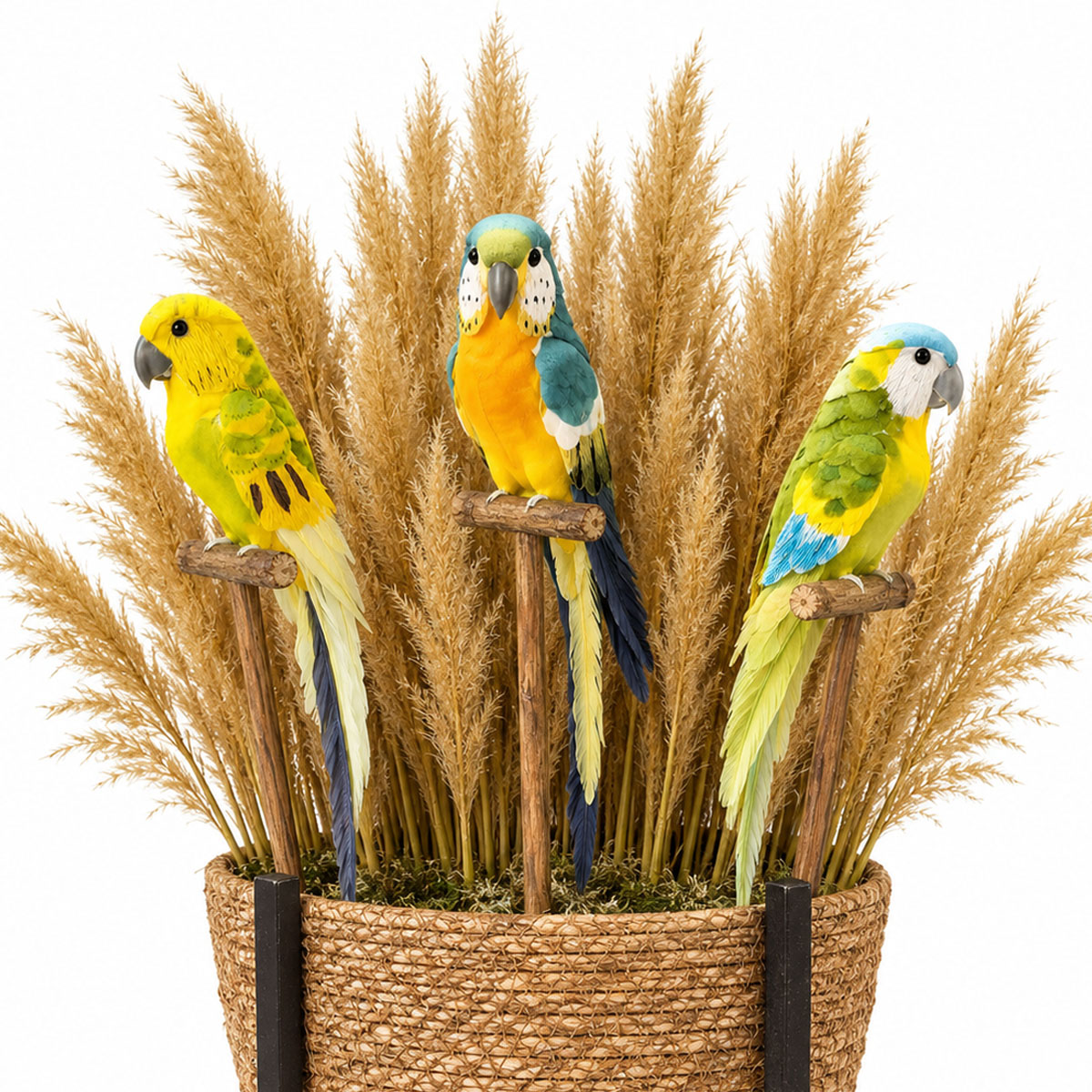 Deko Vogel bunt, Wellensittich auf Holzstange, blau, gelb oder grün