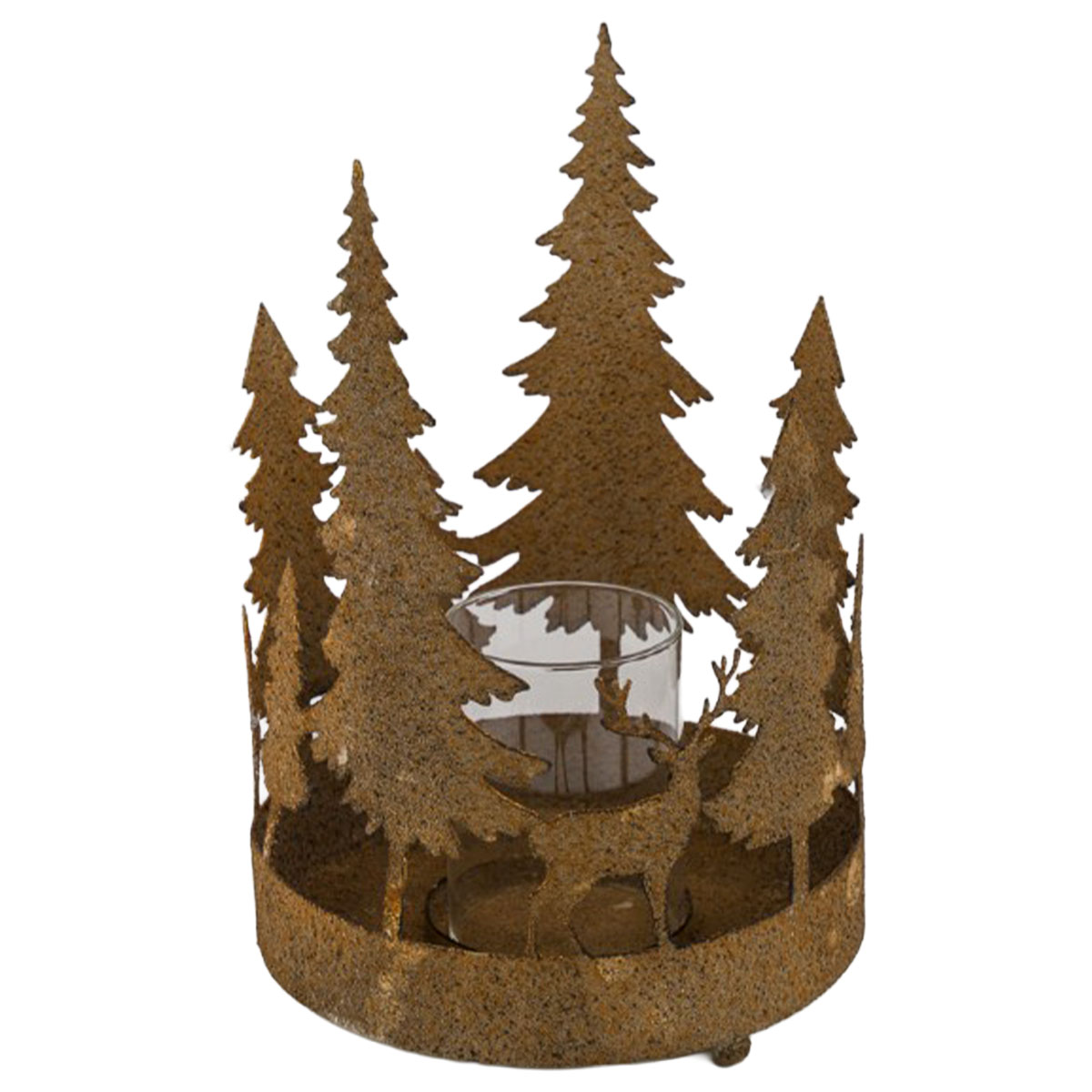 Windlicht Rostschale Hirsche und Tannenbäume, 26cm