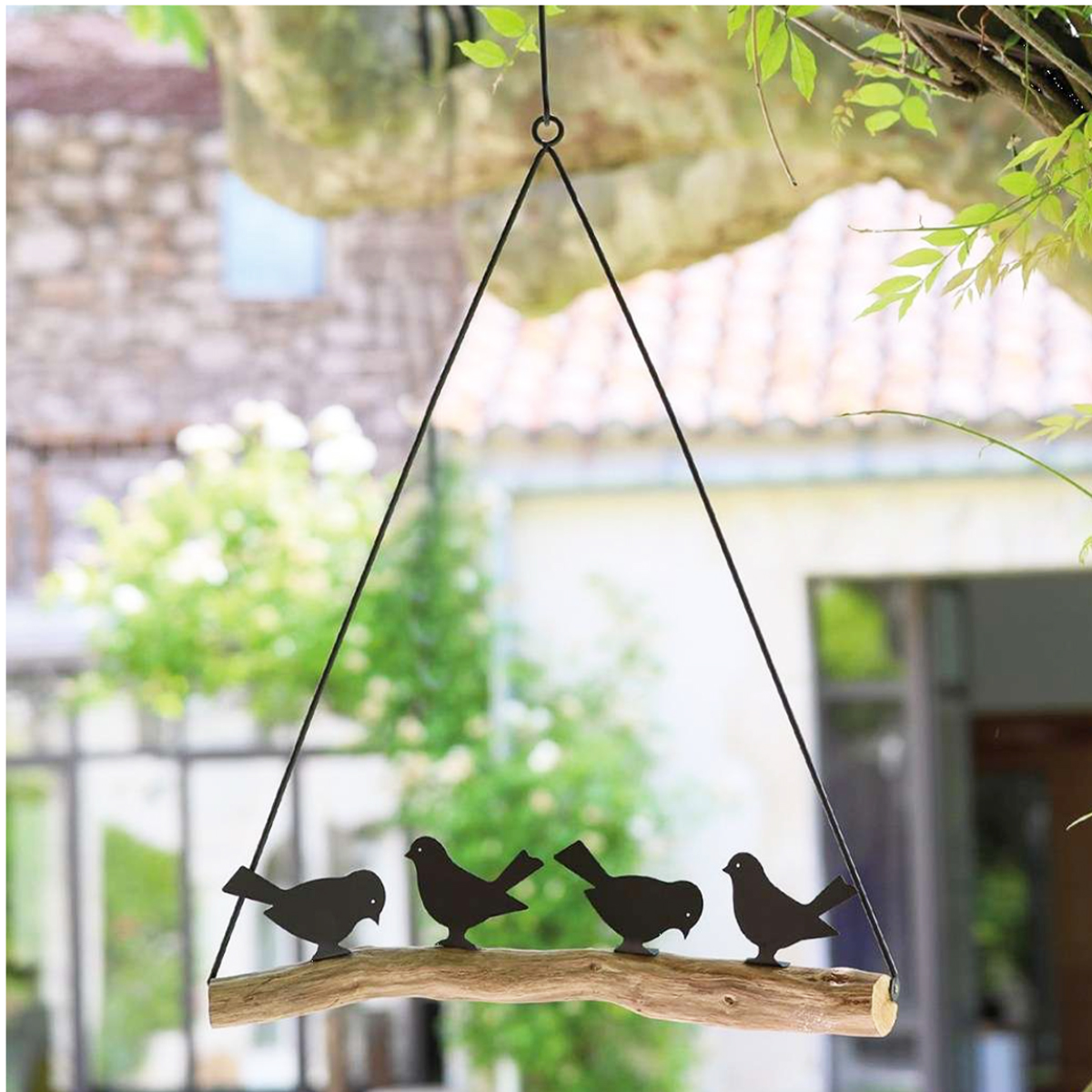 4 Eisenvögel auf Naturholzast, 80cm, Hänger, WMG Grünberger