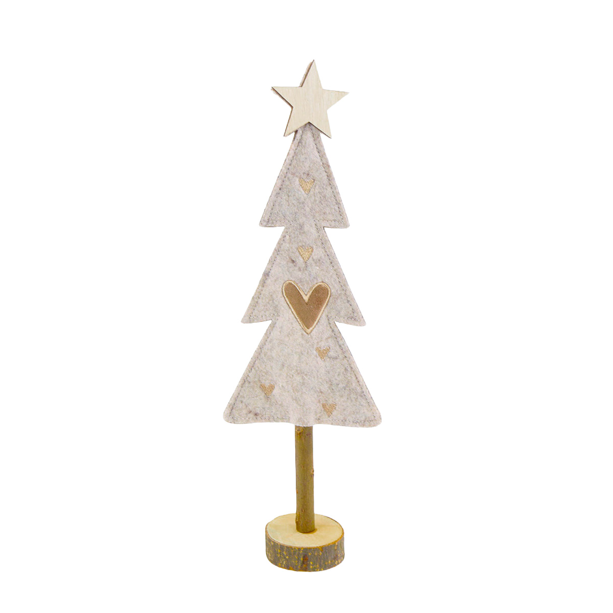 Deko Baum Weihnachten, Filzbaum mit Stern und Herz und Holzstamm, beige, 37cm