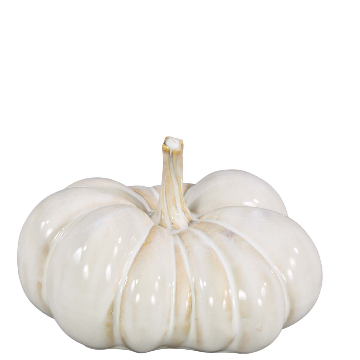 Deko Kürbis aus glasierter Keramik, creme-farbener Porzellankürbis, 18cm