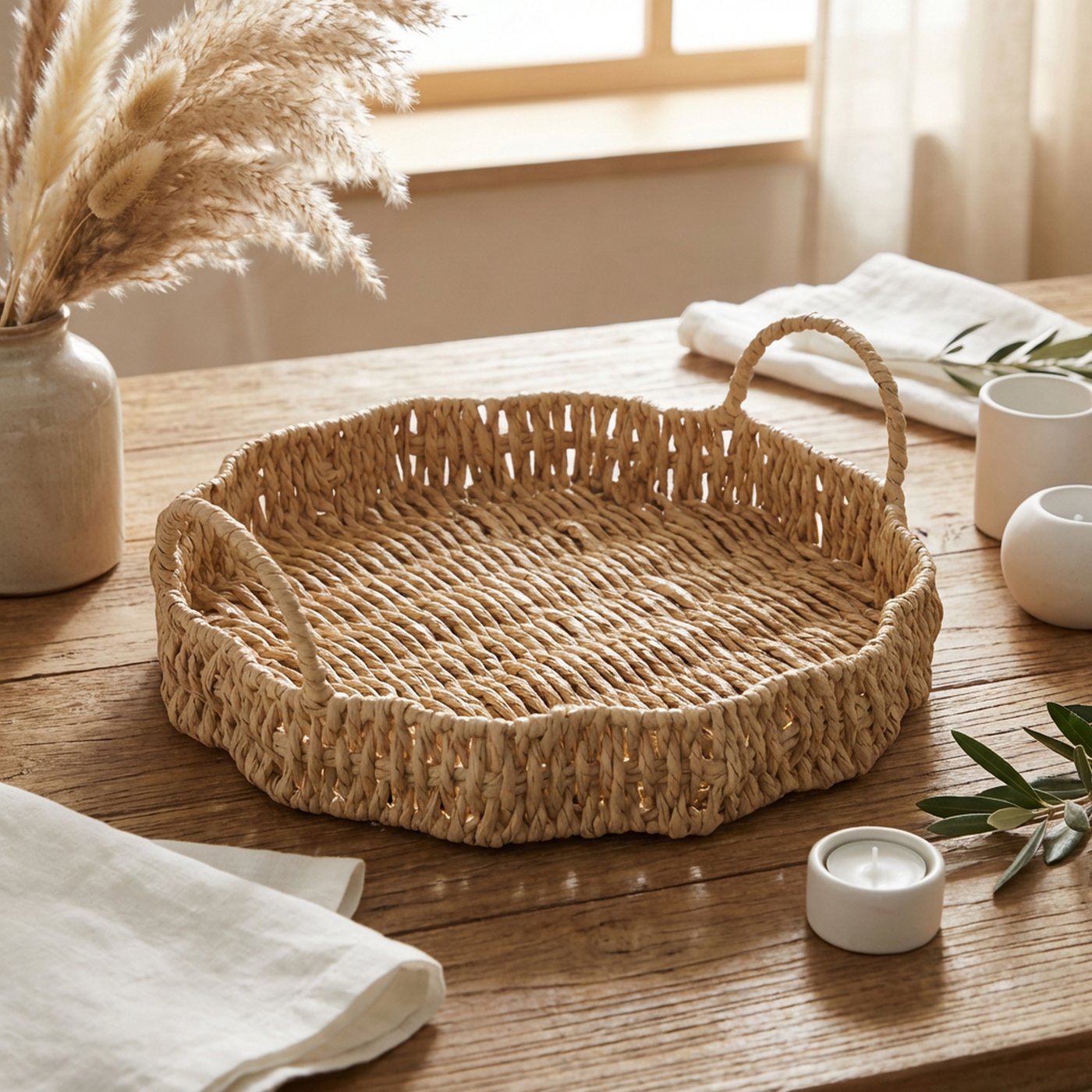 Deko Tablett Wavy Natur, mit Henkel in Seegrasoptik, Ø30cm, Boltze Home Collections