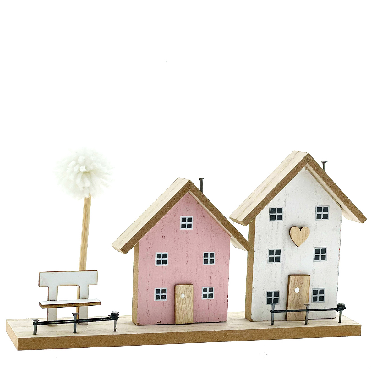 Deko Haus Häuserzeile, Holzhäuser mit Bank und Baum, rosa-weiß, Aufsteller