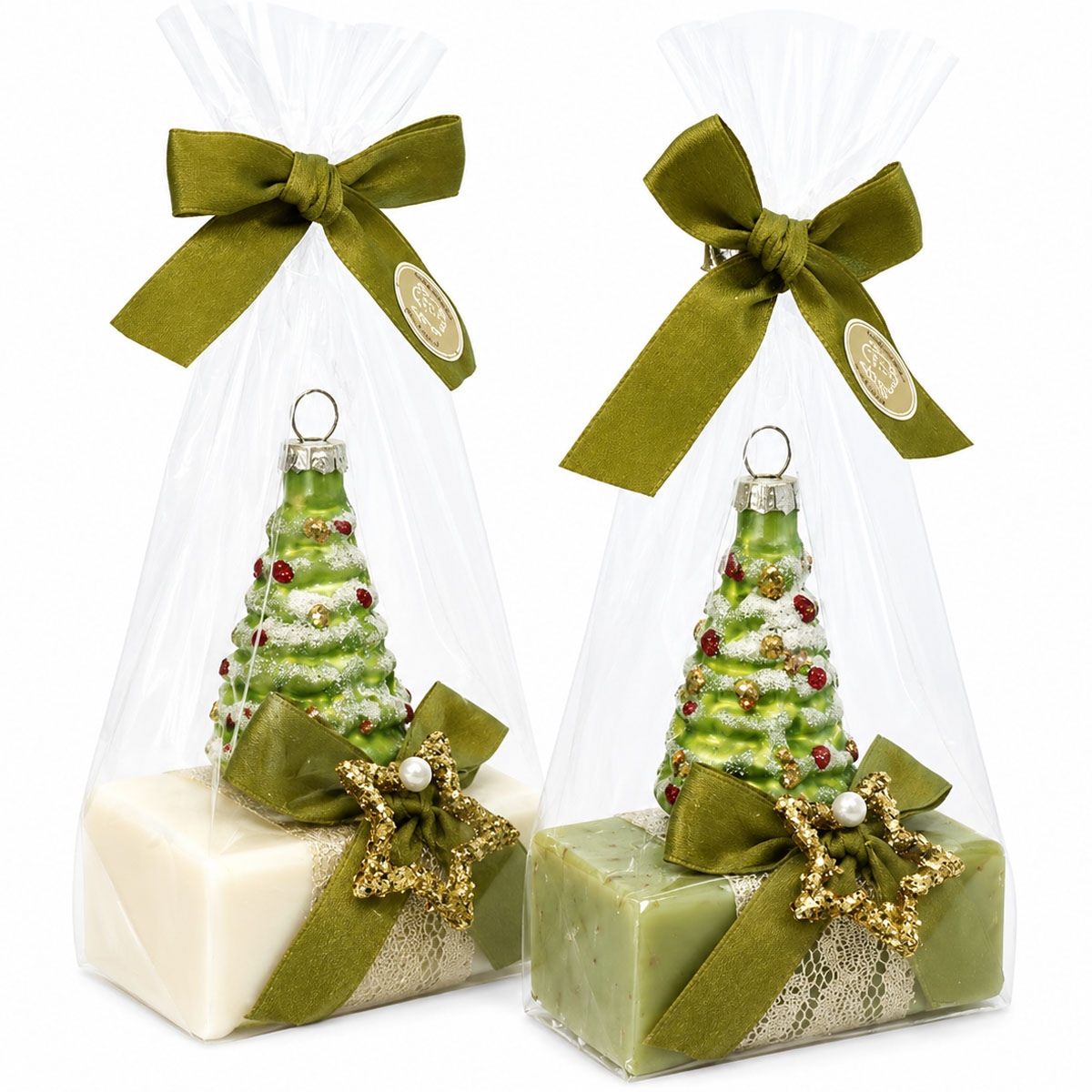 Florex Schafmilchseife creme oder grün, dekoriert mit Tannenbaum, in Cello verpackt