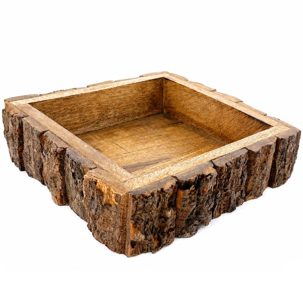 Serviettenhalter Naturholz, rustikale Holzschale mit Rinde, Serviettenbox