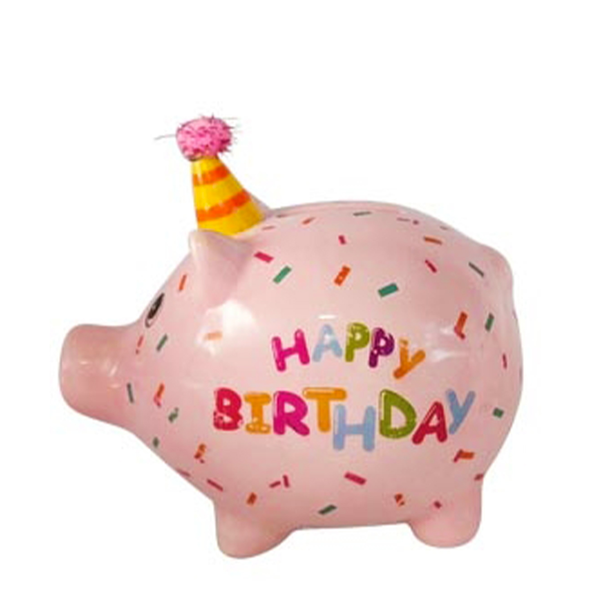 Spardose Party Schweinchen Happy Birthday, Sparschwein rosa mit Partyhut, Keramikspardose
