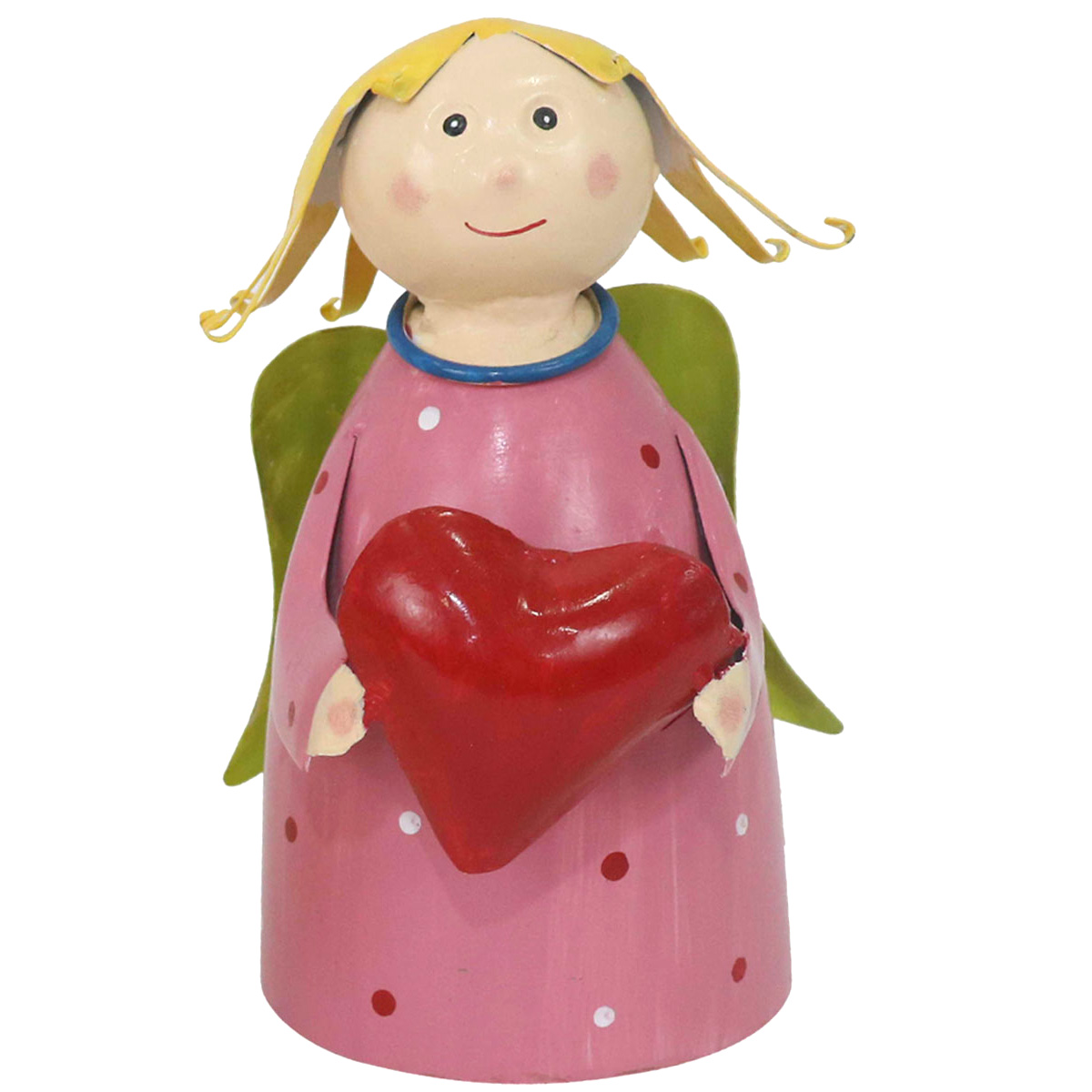 Zaunhocker Engel Schutzengel used look, Metallengel mit Herz und rosa Pünktchen-Kleid, 22cm
