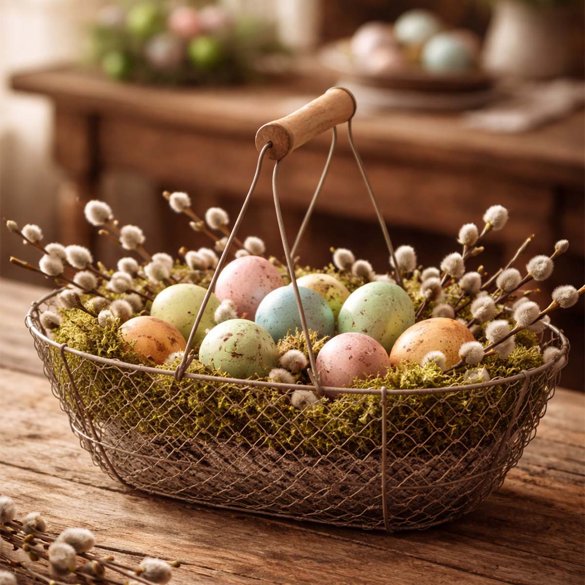 Deko Korb mit Henkel, Drahtkorb oval mit Bügel, 25cm