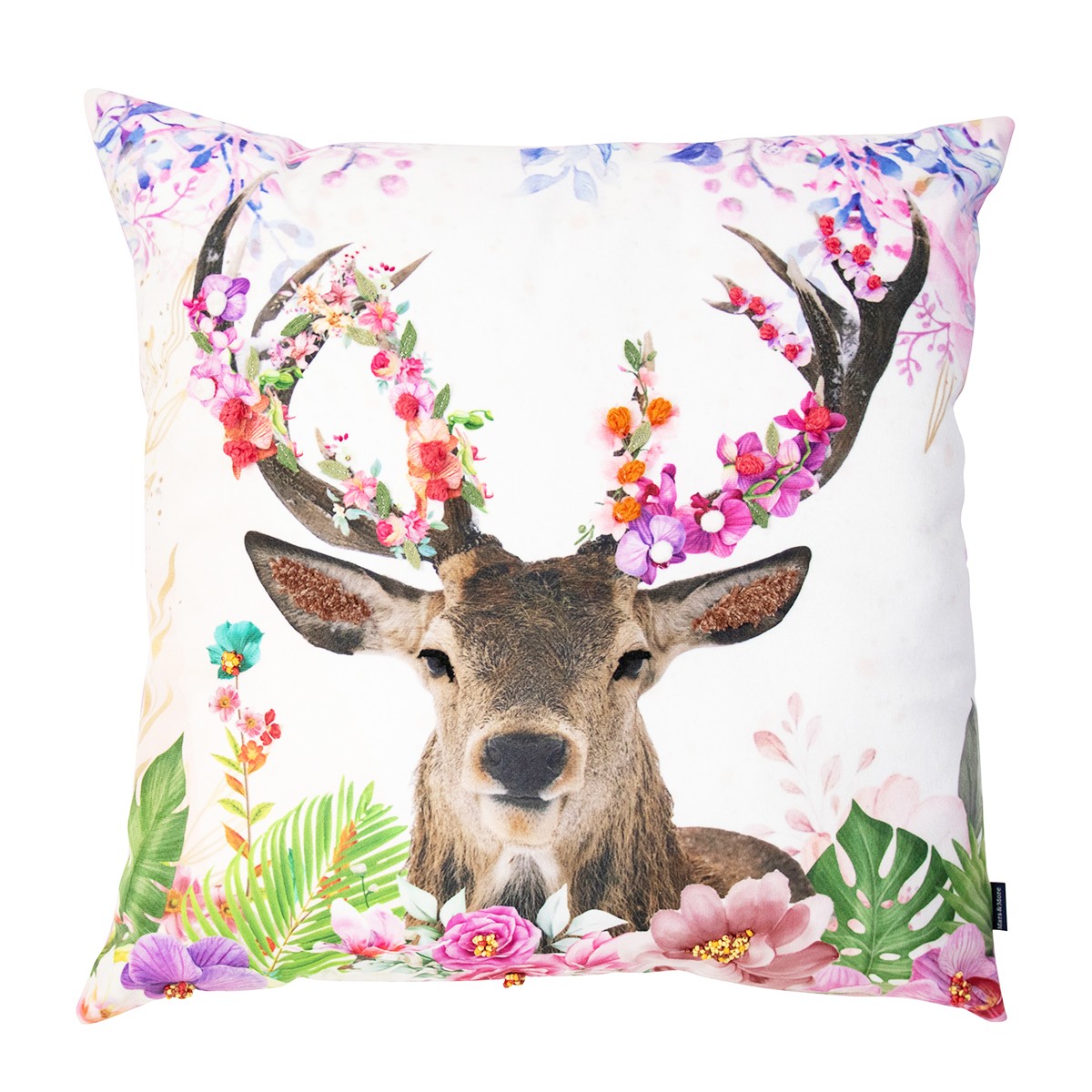 Deko Kissen Hirsch Fleury, Hirsch mit Blumengeweih rosa-pink, 45x45cm, Mars & More