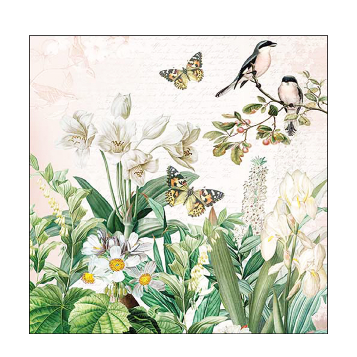 Ambiente Papierservietten Blumengarten mit Vögel und Schmetterling, 33x33cm