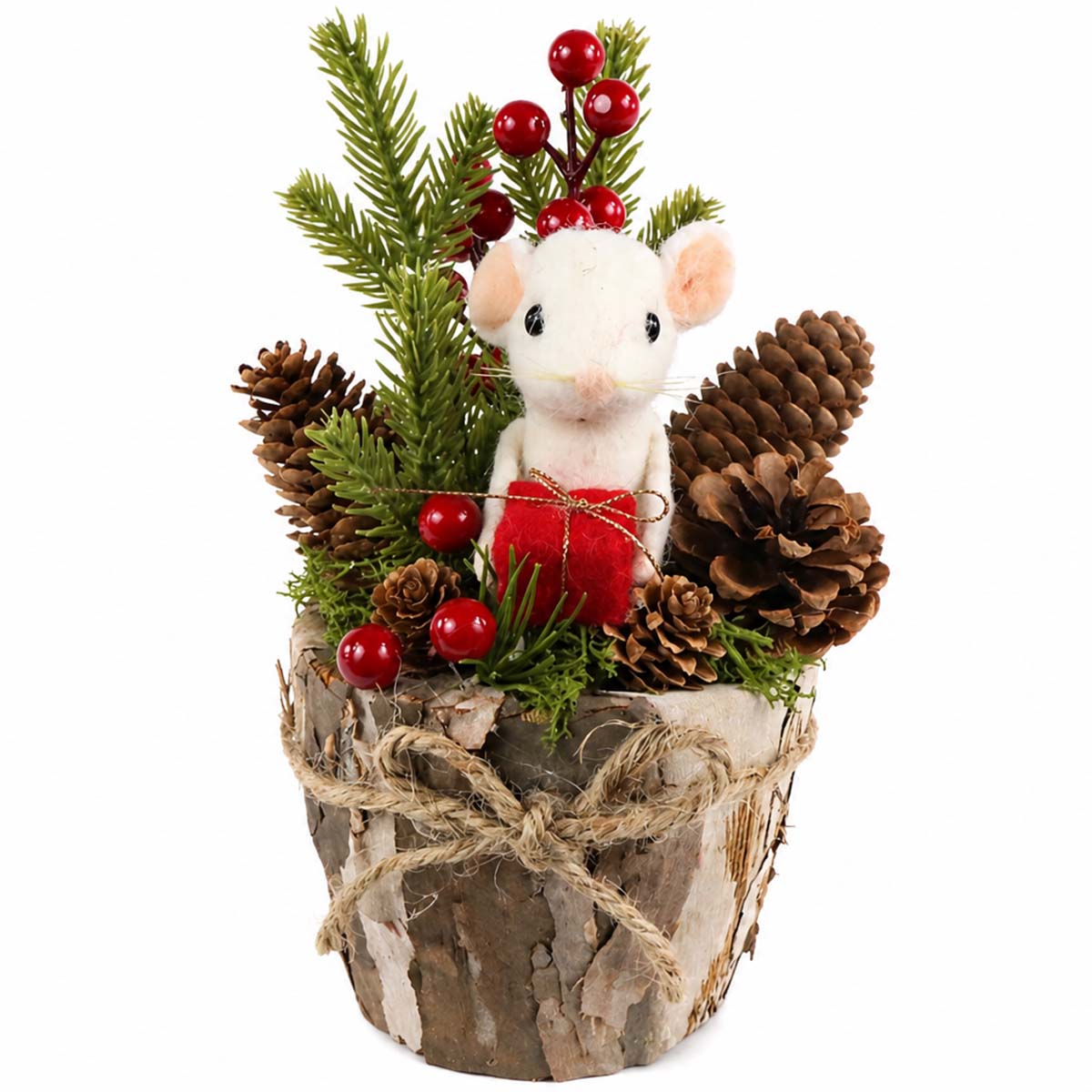 Tischgesteck mit Mäuschen, kleine weiße Filzmaus mit Geschenk und Zapfen, 25cm
