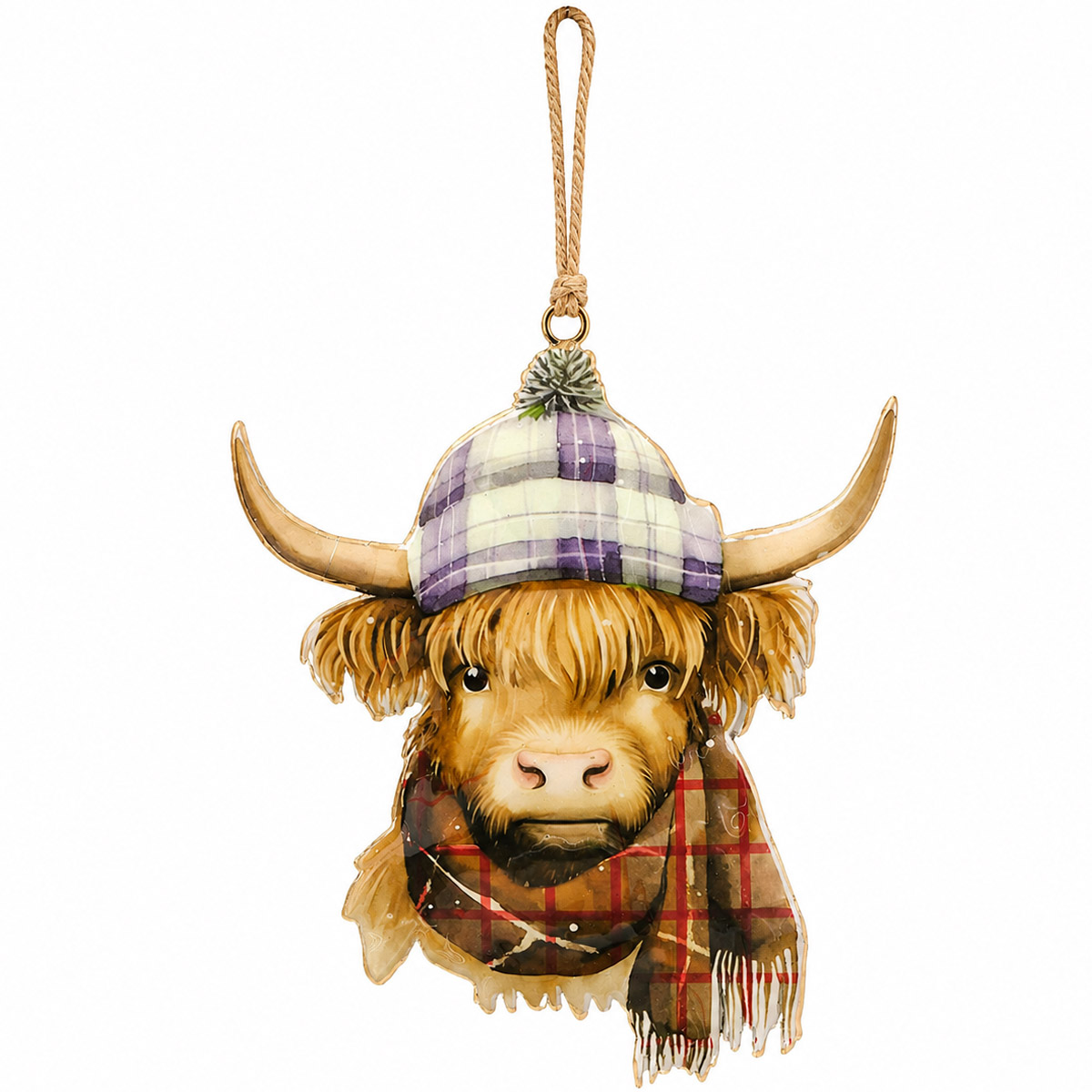 Weihnachtshänger Hochlandrind Muka, lustiger Stier mit Pudelmütze und Schal, Boltze Home Collections