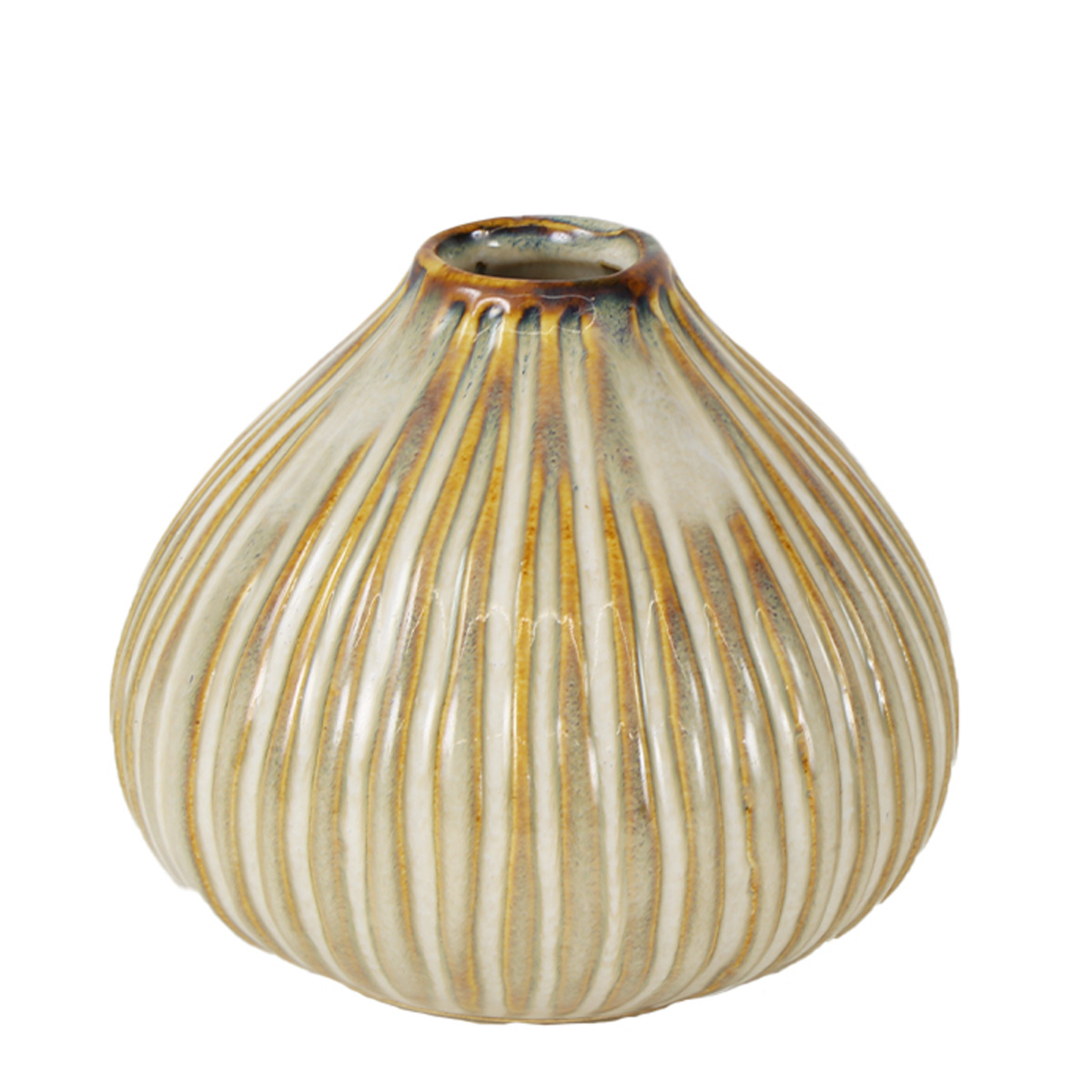 Deko Blumenvase Streifen, Keramikvase creme-beige, bauchige Form, 8cm