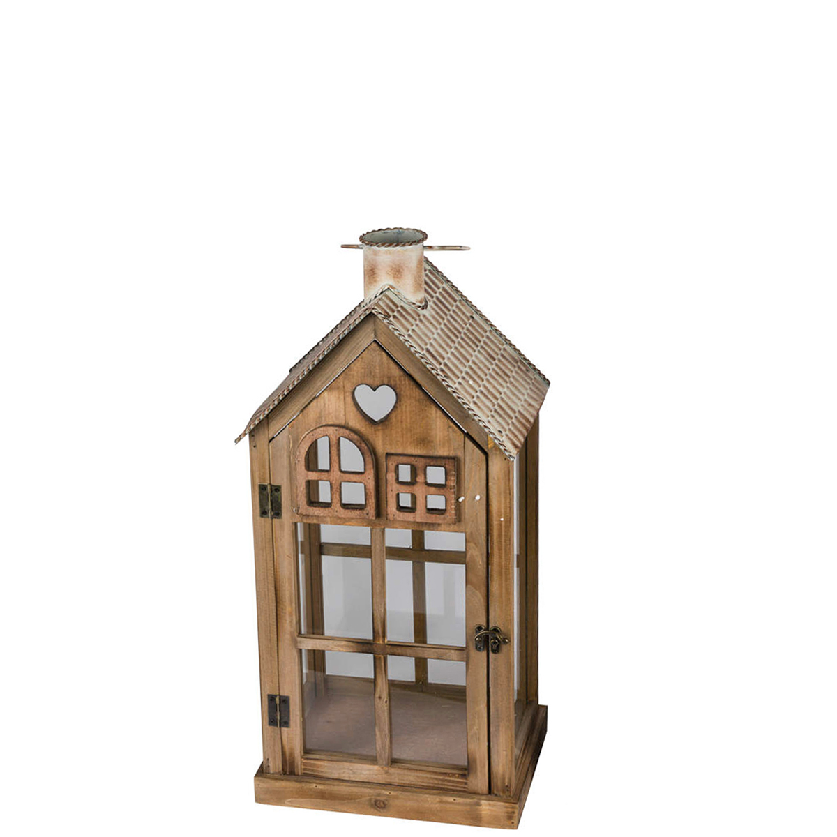 Windlicht Haus Naturholz, Holzhaus mit Herz und Metalldach, 42cm