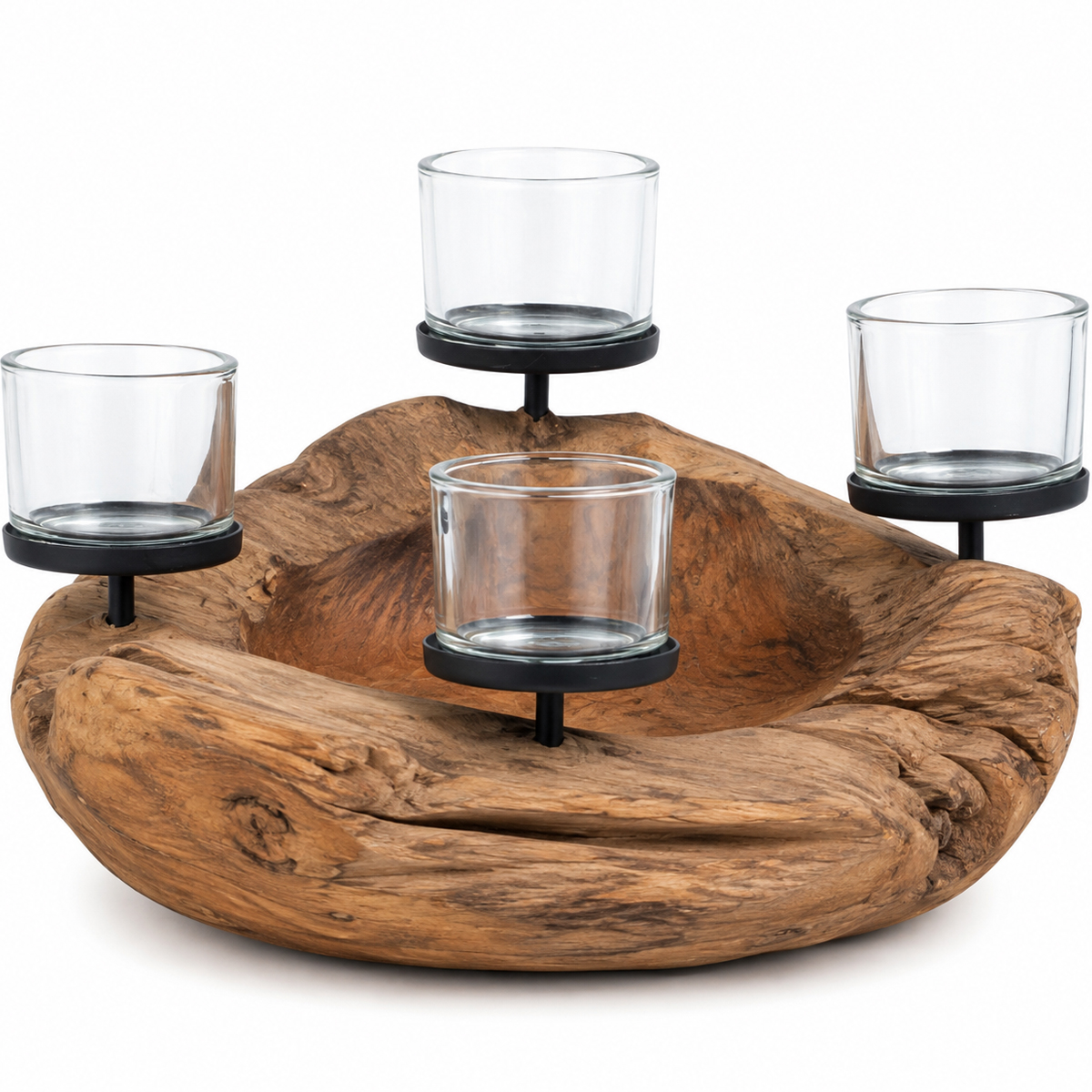 Naturholz Adventsschale Teak unfinish, rustikale Kerzenschale mit 4 Teelichtgläser, Ø50cm, WMG Grünberger