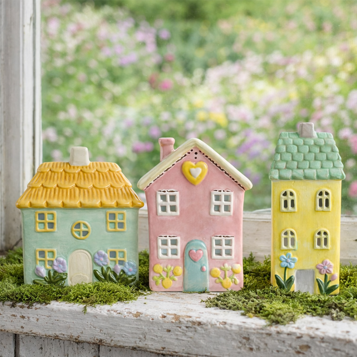 Windlicht Haus grün, putziges Keramikhaus mit Blumen und orangen Dach