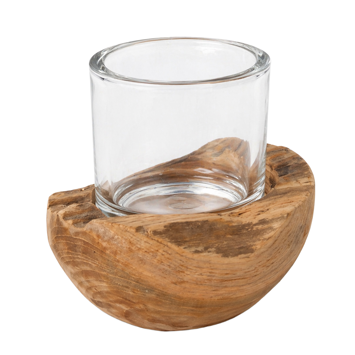 Holz Windlicht Teak unfinish, Glaszylinder auf Holzsockel, 20cm, WMG Grünberger