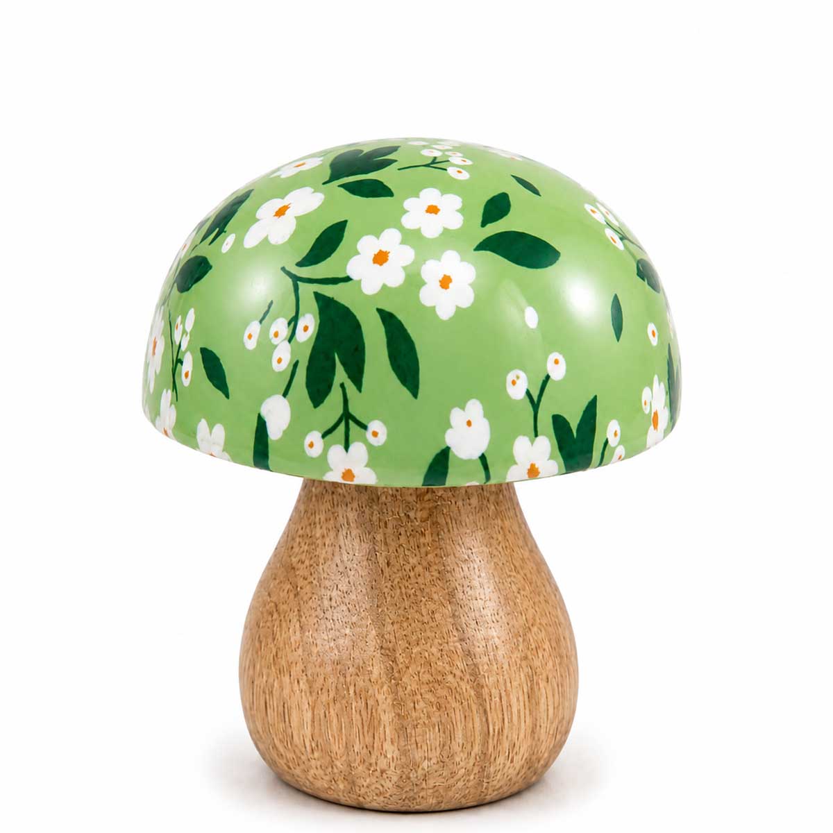 Deko Pilz mit grüner Kappe und Blumenmuster, kleiner Holzpilz Naturholz