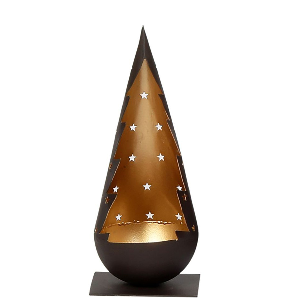 Eisenleuchter Gabin in angedeuteter Tannenbaum-Form mit Sternen und goldfarbener Innenseite, 25cm