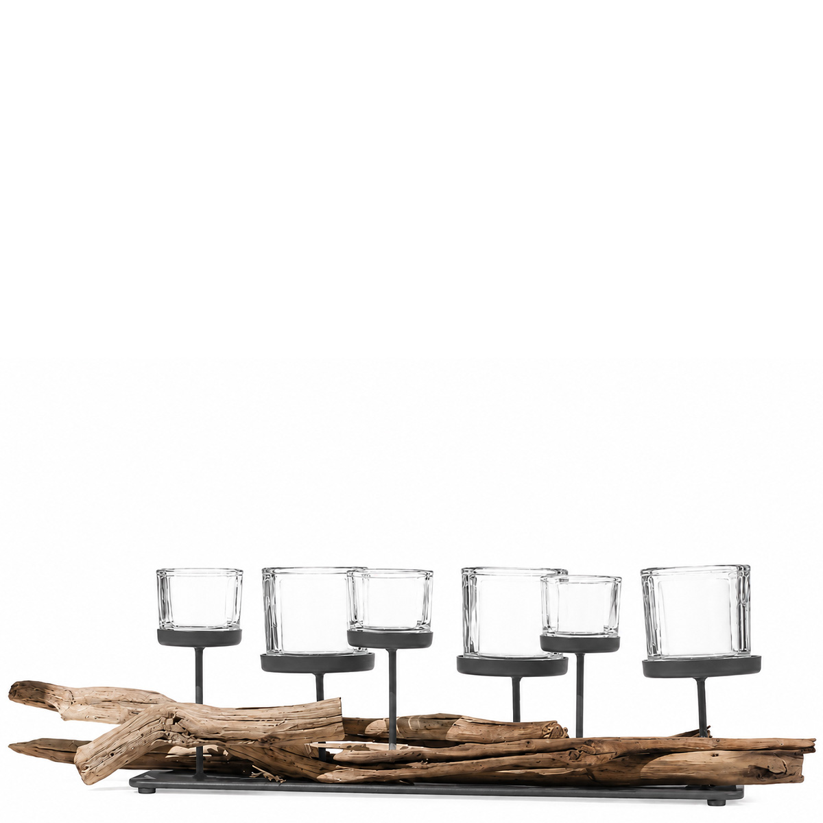 Windlicht Lincoln Schwemmholz, Naturholz Leuchter mit 6 Gläser, 55cm, WMG Grünberger